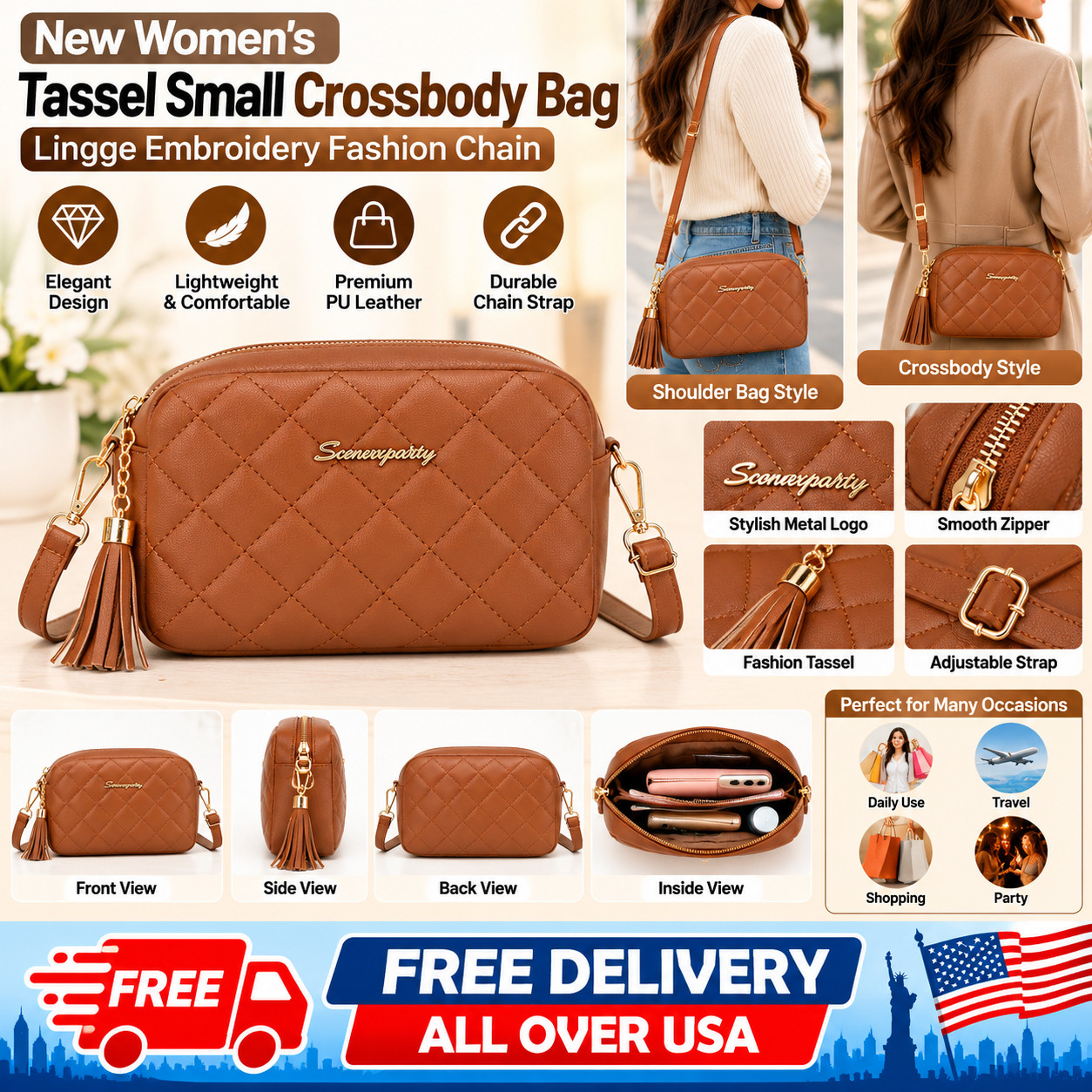 New Women's Tassel Small Crossbody Brown Bag Lingge Embroidery Fashion Chain