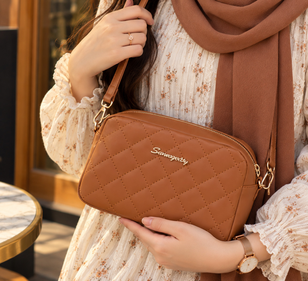 New Women's Tassel Small Crossbody Brown Bag Lingge Embroidery Fashion Chain - Image 7