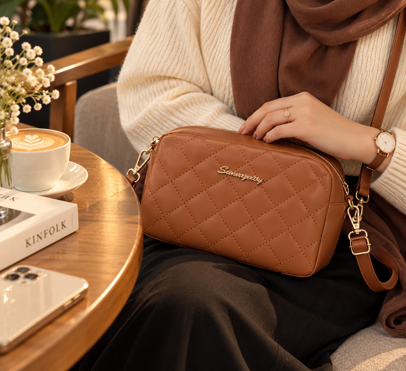 New Women's Tassel Small Crossbody Brown Bag Lingge Embroidery Fashion Chain - Image 8