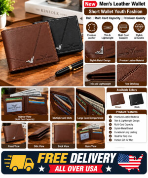 New Men's Leather Wallet Short Wallet Youth Fashion Thin Multi Card Capacity - Black