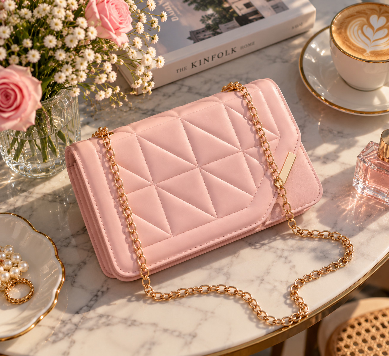 Women’s Pink Luxury Handbag Quilted Rhombus Chain Shoulder Crossbody Bag - Image 2