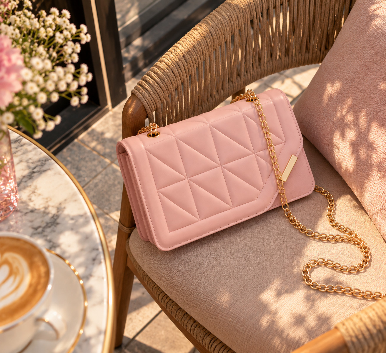 Women’s Pink Luxury Handbag Quilted Rhombus Chain Shoulder Crossbody Bag - Image 3