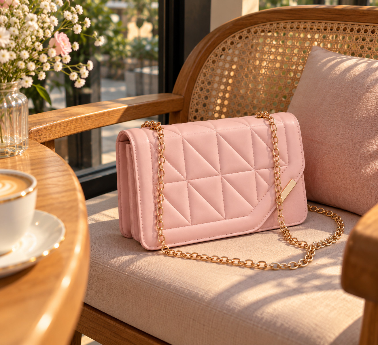 Women’s Pink Luxury Handbag Quilted Rhombus Chain Shoulder Crossbody Bag - Image 4