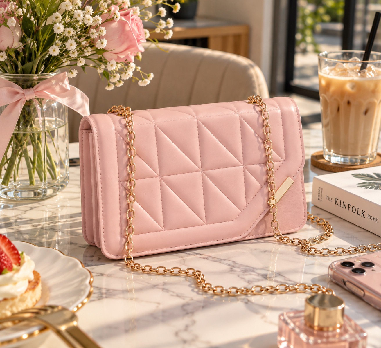 Women’s Pink Luxury Handbag Quilted Rhombus Chain Shoulder Crossbody Bag - Image 5