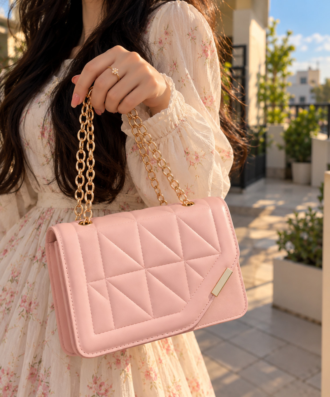 Women’s Pink Luxury Handbag Quilted Rhombus Chain Shoulder Crossbody Bag - Image 6