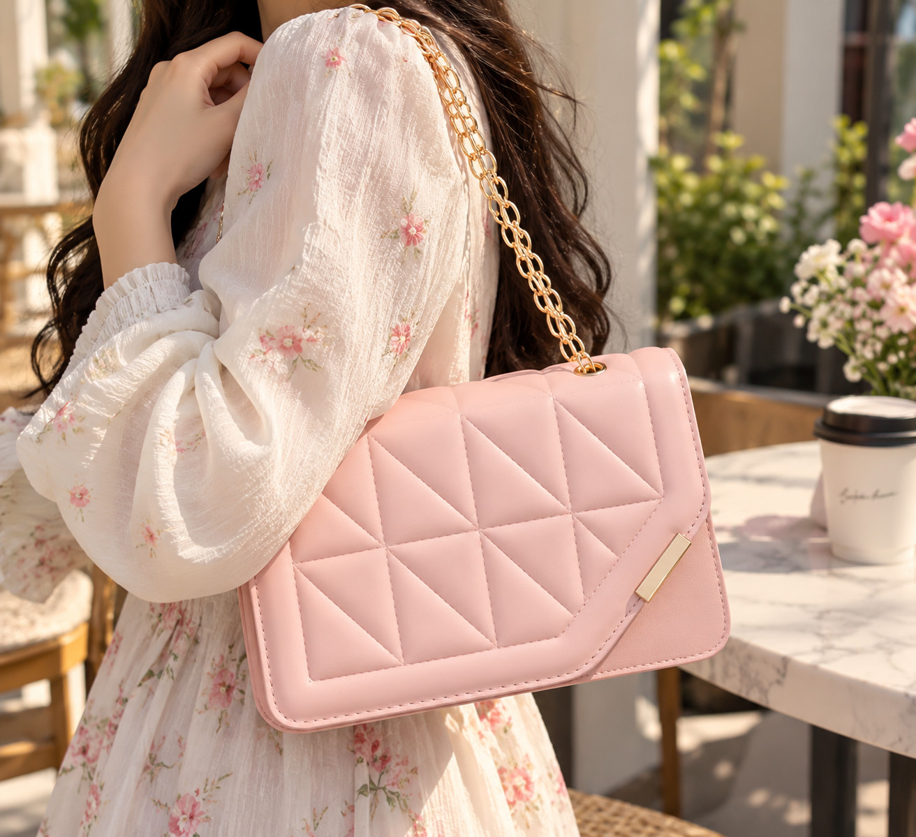 Women’s Pink Luxury Handbag Quilted Rhombus Chain Shoulder Crossbody Bag - Image 7