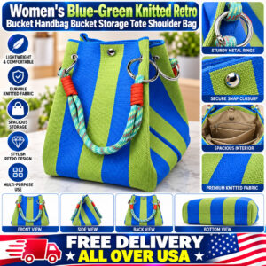 Women's Blue-Green Knitted Retro Bucket Handbag Bucket Storage Tote Shoulder Bag