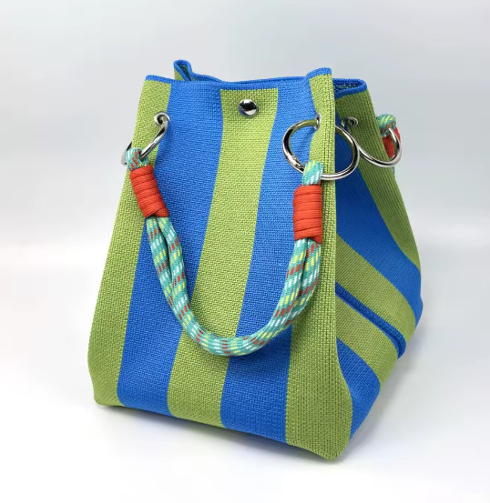 Women's Blue-Green Knitted Retro Bucket Handbag Bucket Storage Tote Shoulder Bag - Image 2