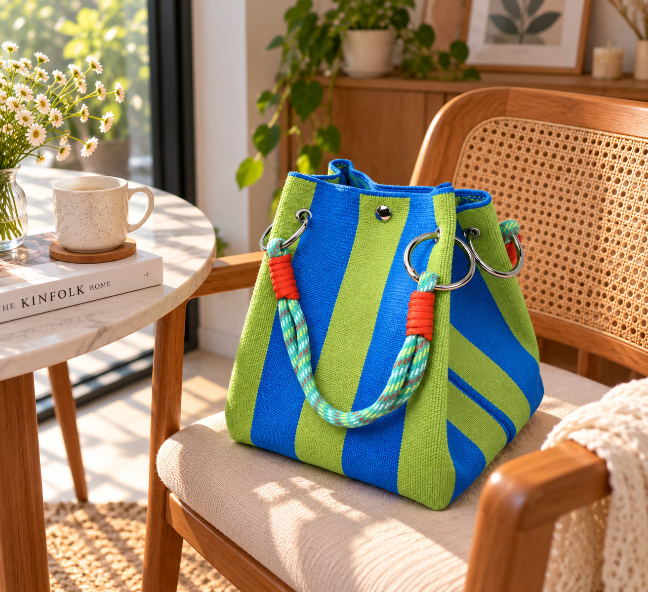 Women's Blue-Green Knitted Retro Bucket Handbag Bucket Storage Tote Shoulder Bag - Image 3