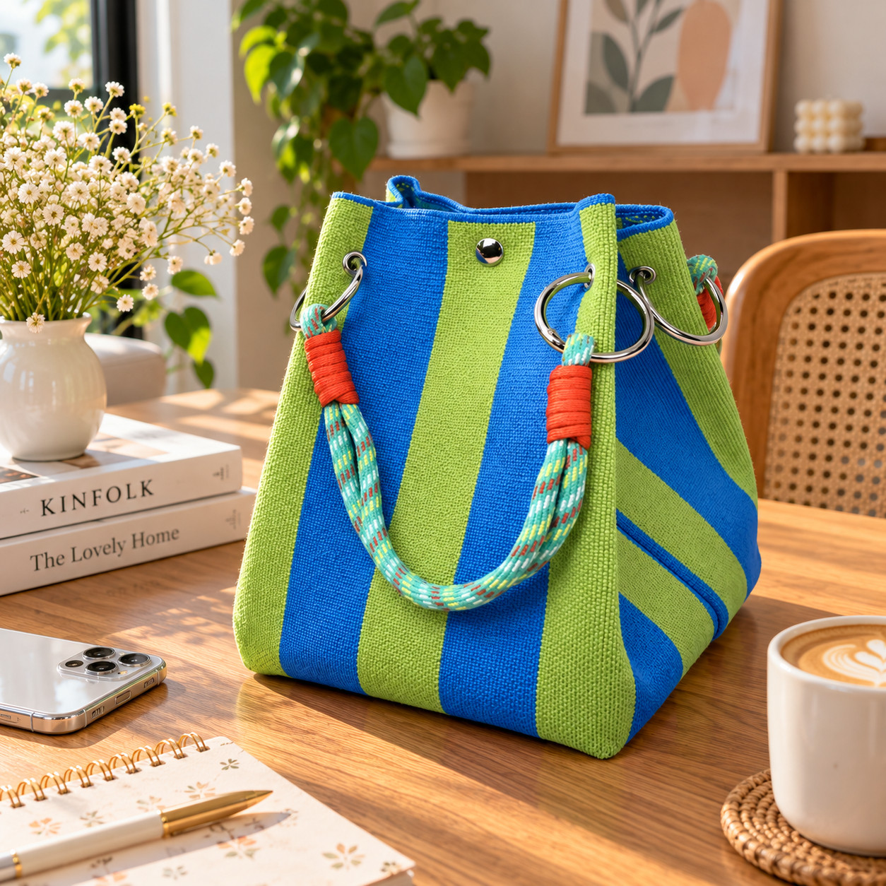 Women's Blue-Green Knitted Retro Bucket Handbag Bucket Storage Tote Shoulder Bag - Image 4