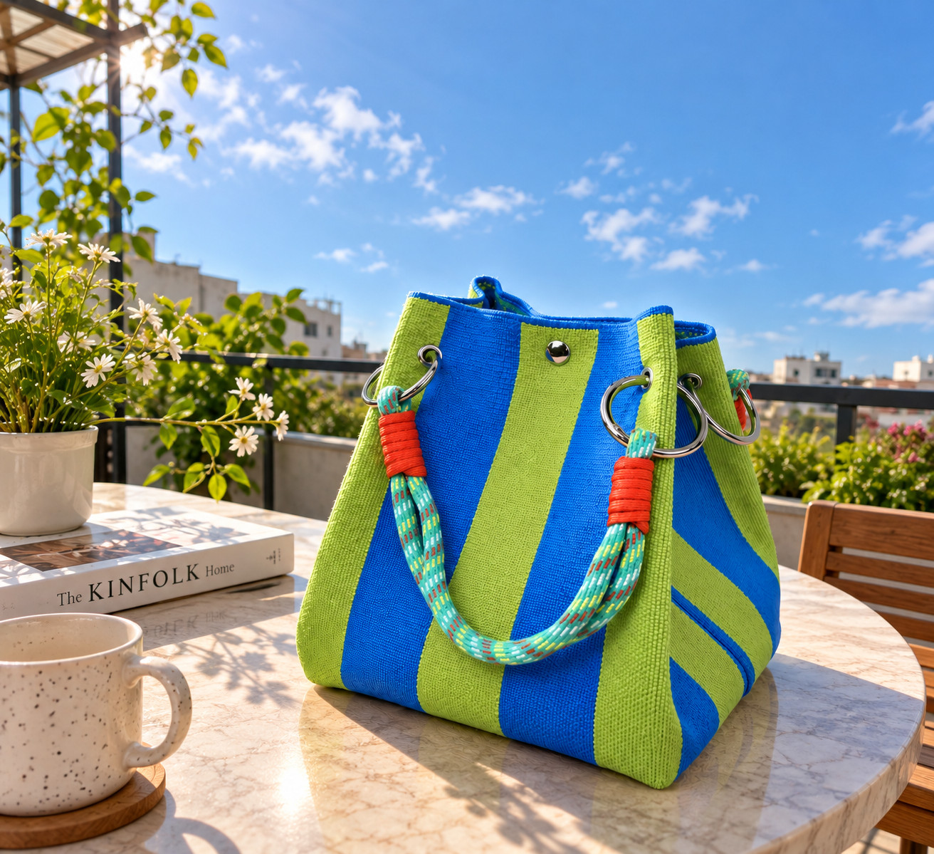 Women's Blue-Green Knitted Retro Bucket Handbag Bucket Storage Tote Shoulder Bag - Image 7