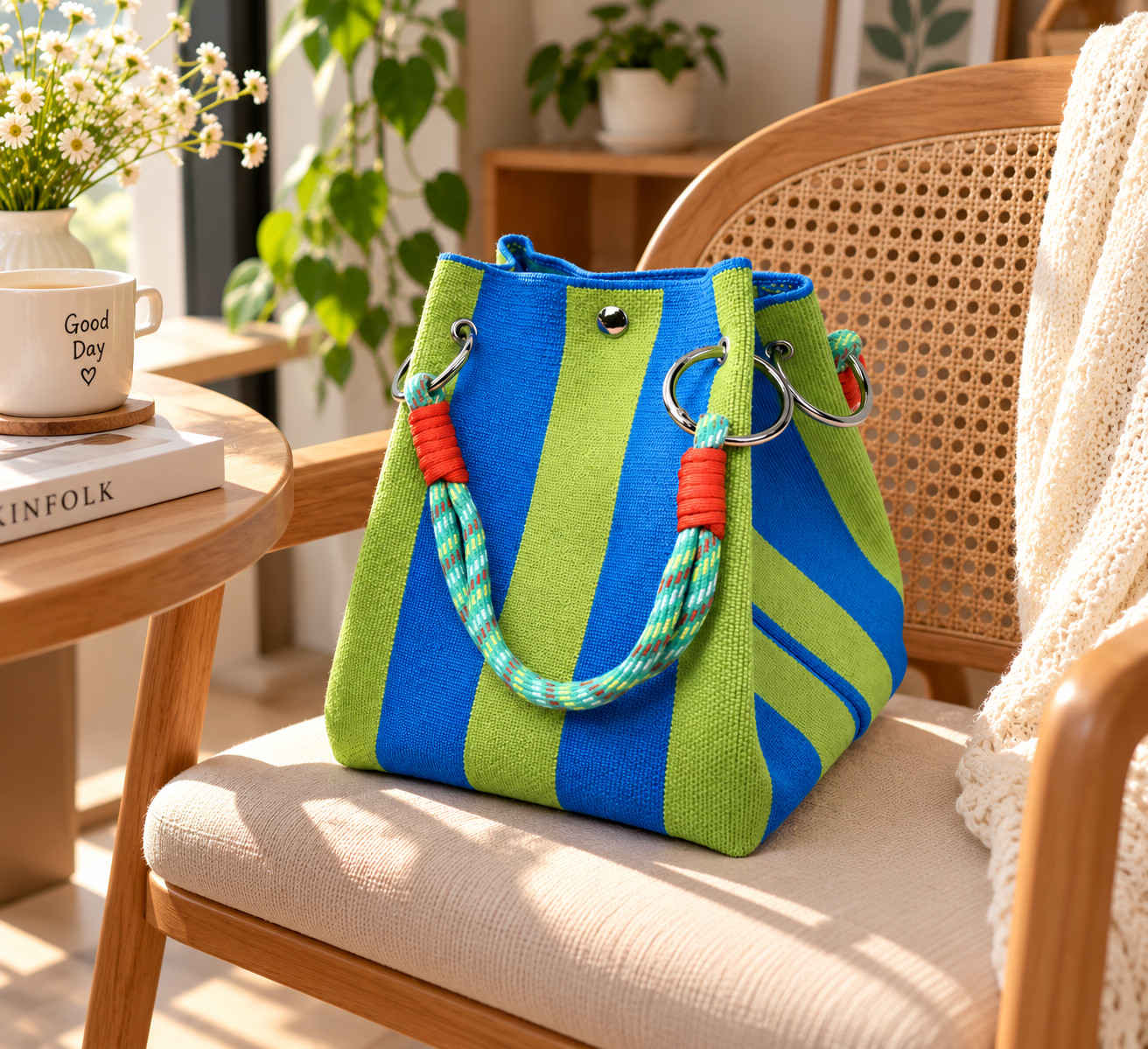 Women's Blue-Green Knitted Retro Bucket Handbag Bucket Storage Tote Shoulder Bag - Image 8