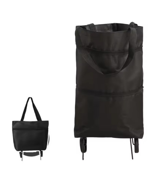 Black Foldable Shopping Bag with Wheels Reusable Waterproof Grocery Feature
