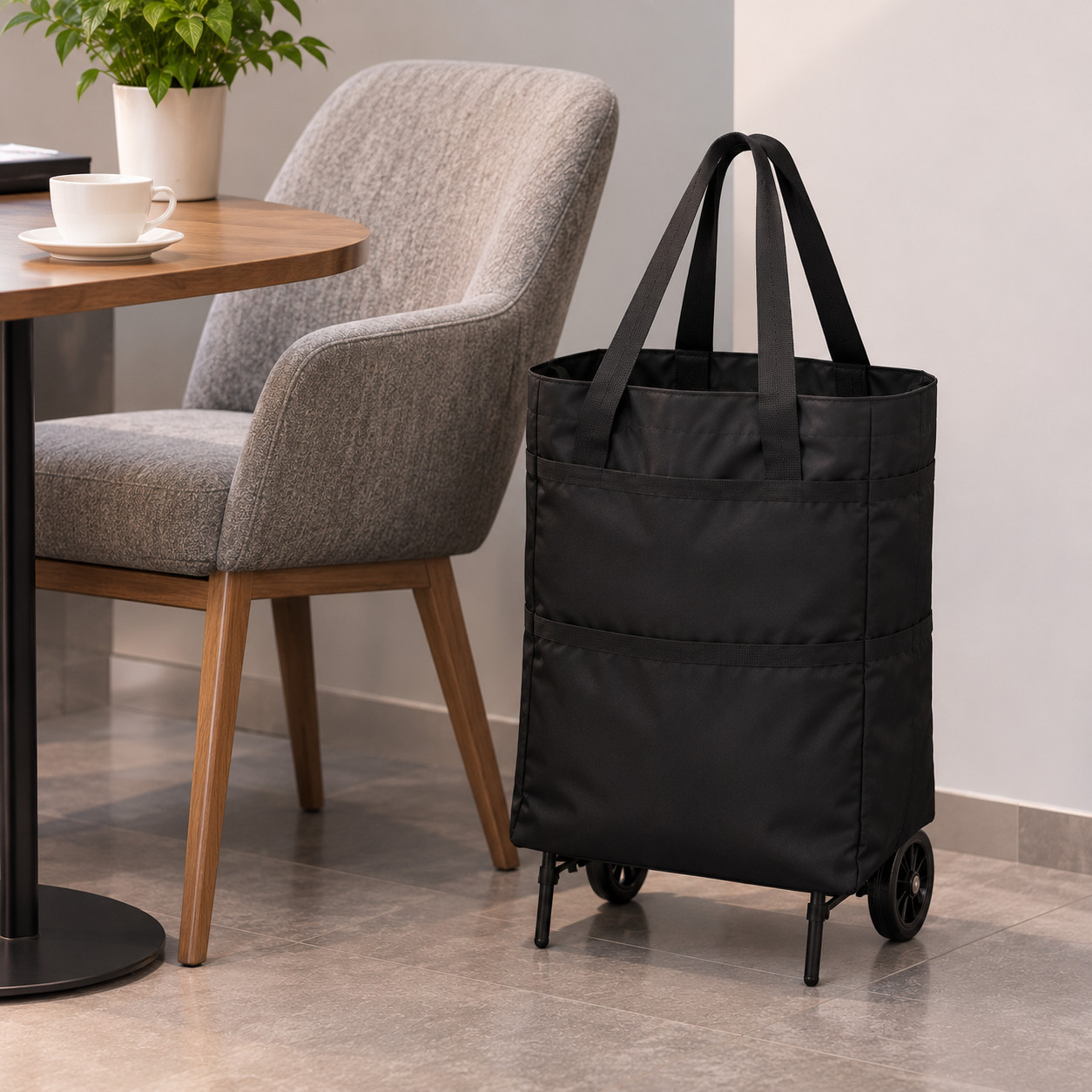 Black Foldable Shopping Bag with Wheels Reusable Waterproof Grocery Feature - Image 2