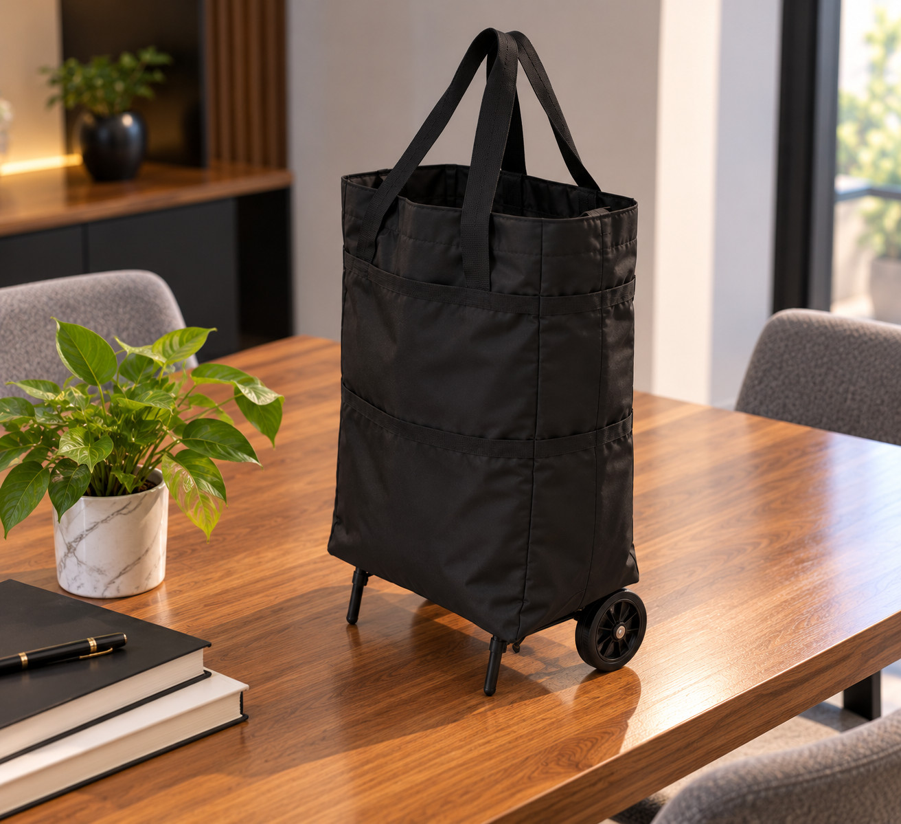 Black Foldable Shopping Bag with Wheels Reusable Waterproof Grocery Feature - Image 3