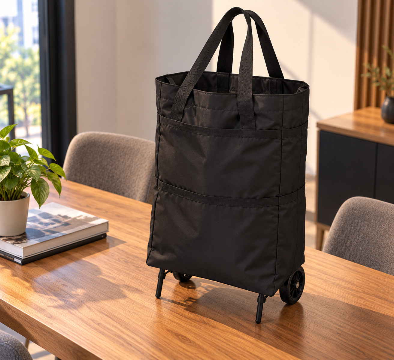 Black Foldable Shopping Bag with Wheels Reusable Waterproof Grocery Feature - Image 5