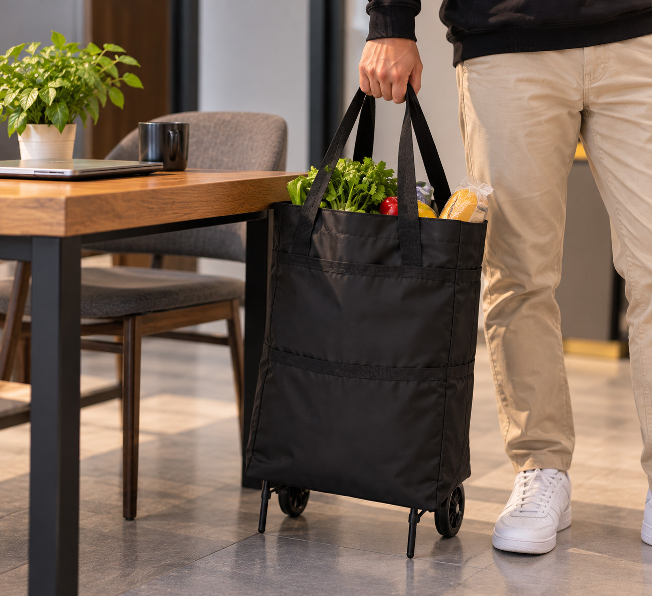 Black Foldable Shopping Bag with Wheels Reusable Waterproof Grocery Feature - Image 6