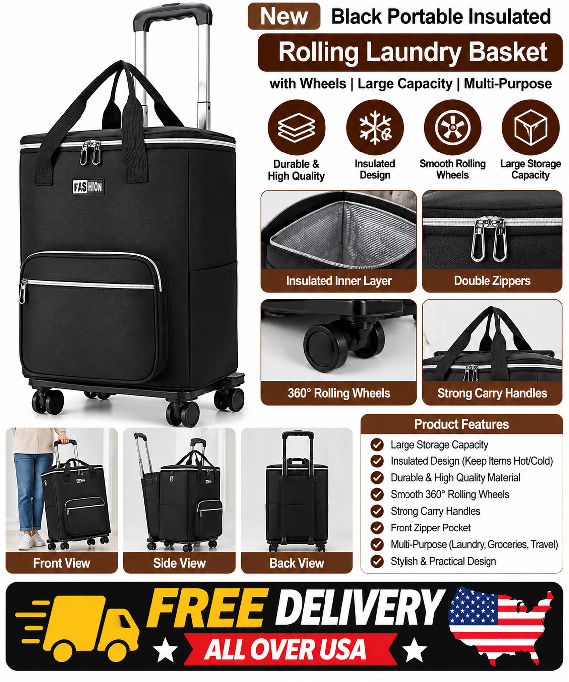 New Black Portable Insulated Rolling Laundry Basket with Wheels