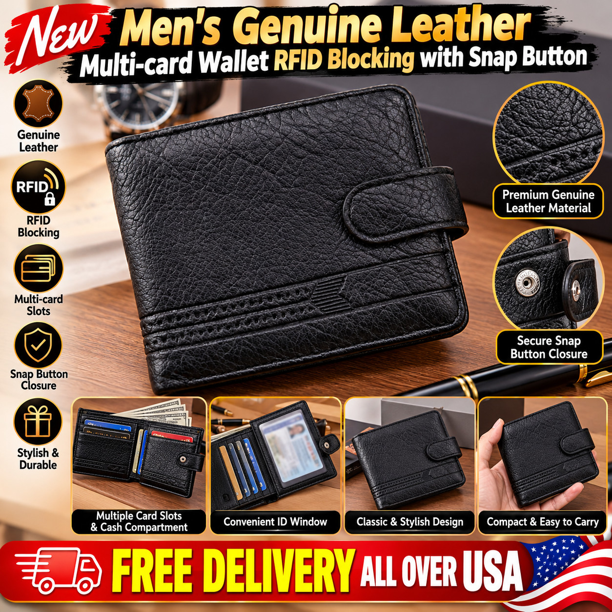 New Men's Genuine Leather Multi-card Wallet RFID Blocking with Snap Button