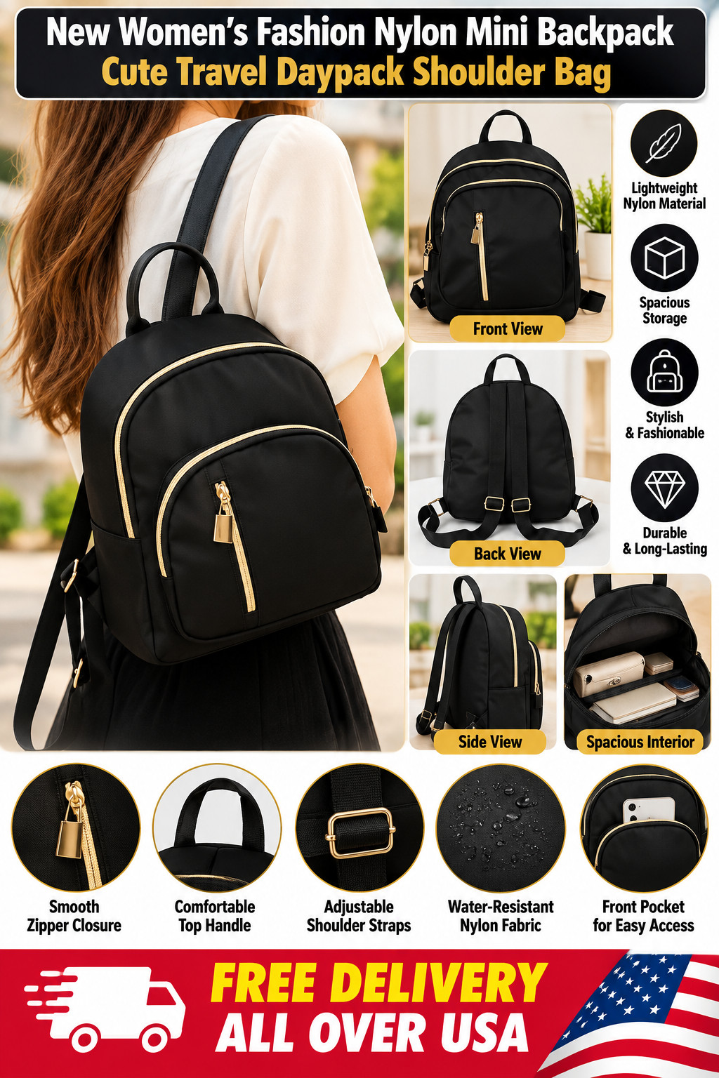 New Women's Fashion Nylon Mini Backpack Cute Travel Daypack Shoulder Bag