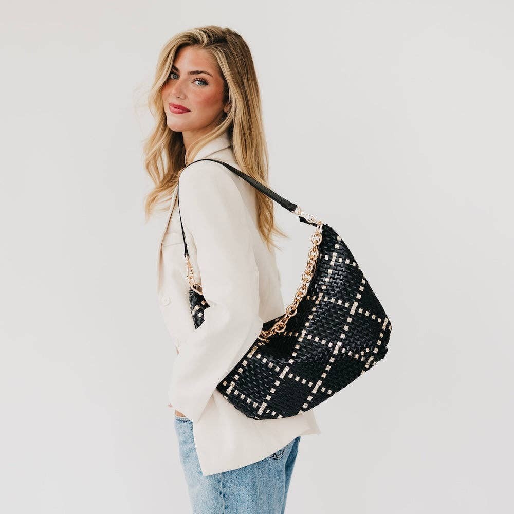 Sienna Slouchy Woven Shoulder Bag Black & Gold Effortless Style Convertible