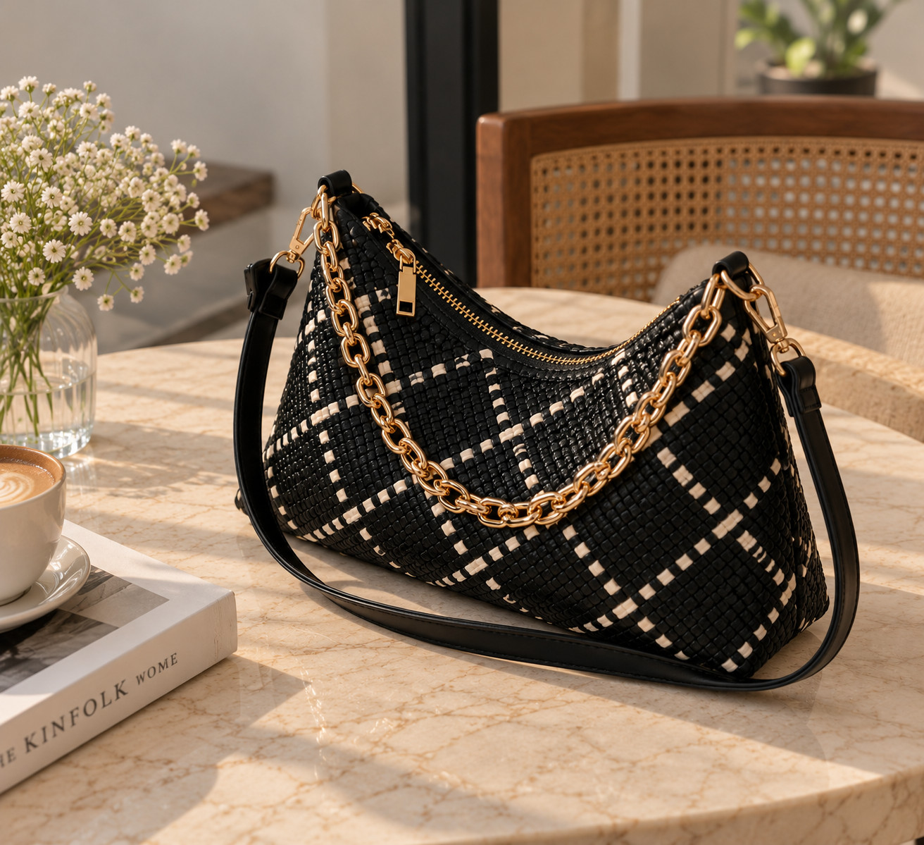 Sienna Slouchy Woven Shoulder Bag Black & Gold Effortless Style Convertible - Image 3