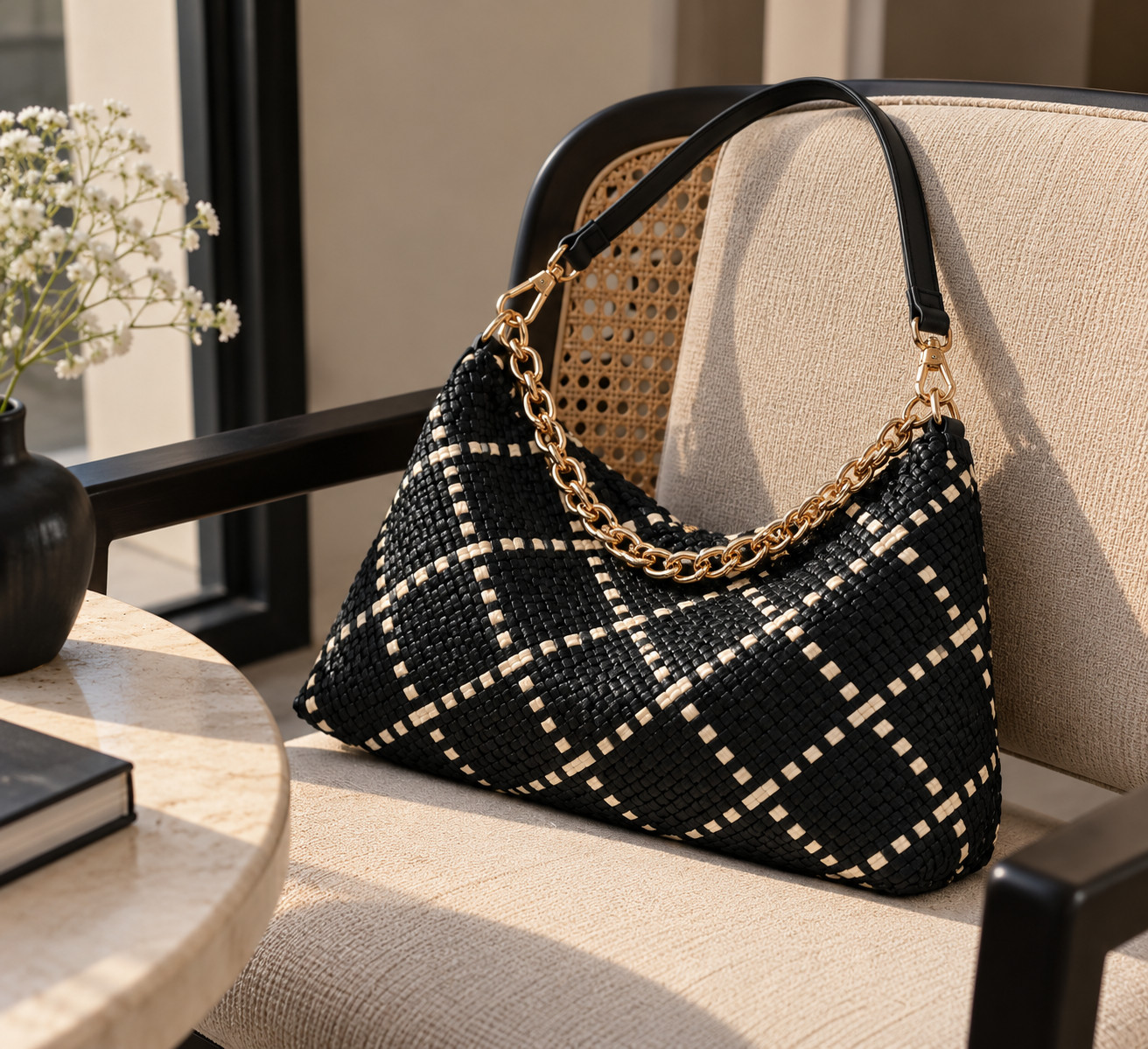 Sienna Slouchy Woven Shoulder Bag Black & Gold Effortless Style Convertible - Image 5