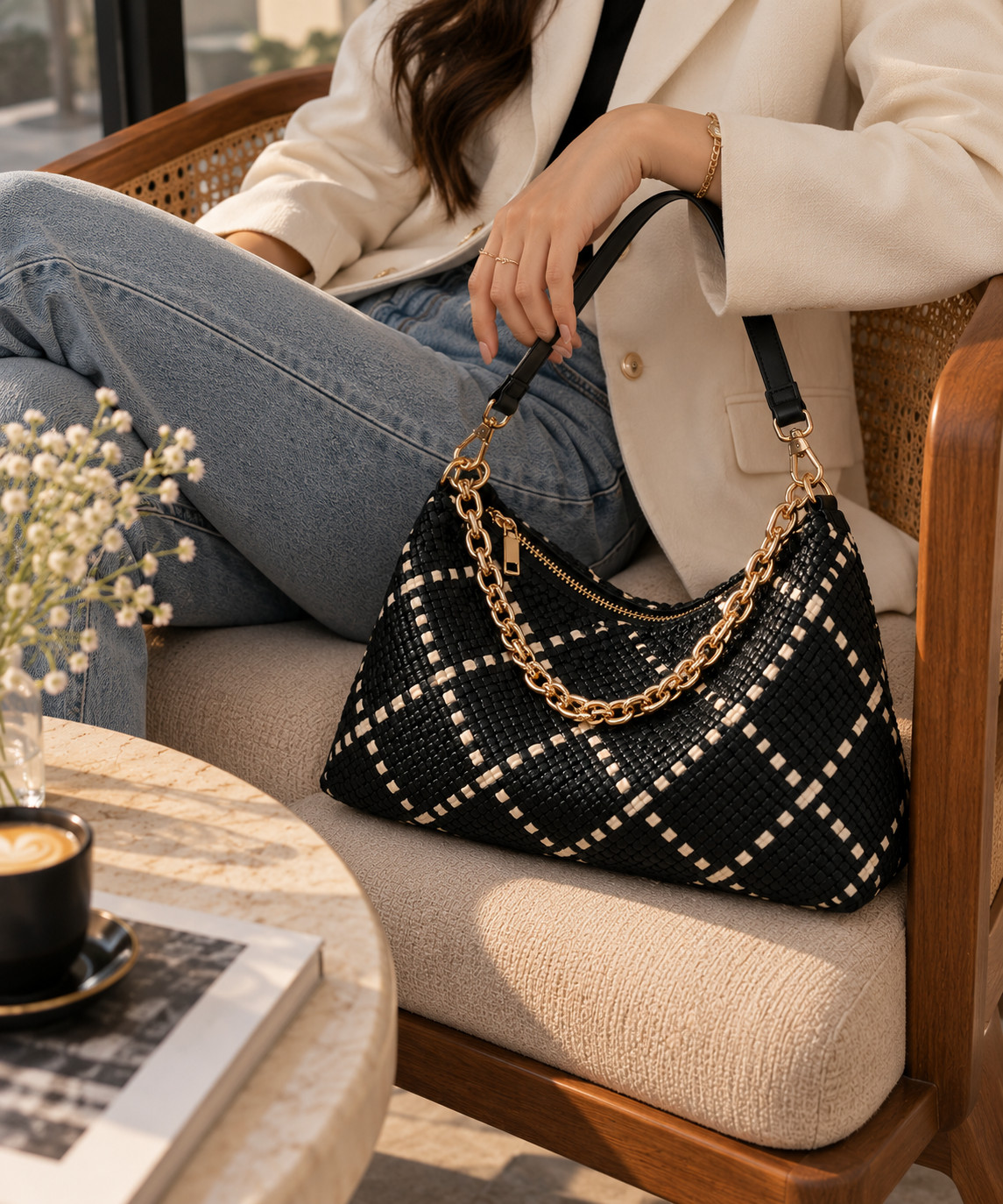 Sienna Slouchy Woven Shoulder Bag Black & Gold Effortless Style Convertible - Image 6