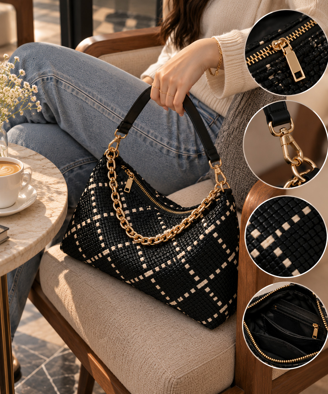 Sienna Slouchy Woven Shoulder Bag Black & Gold Effortless Style Convertible - Image 7