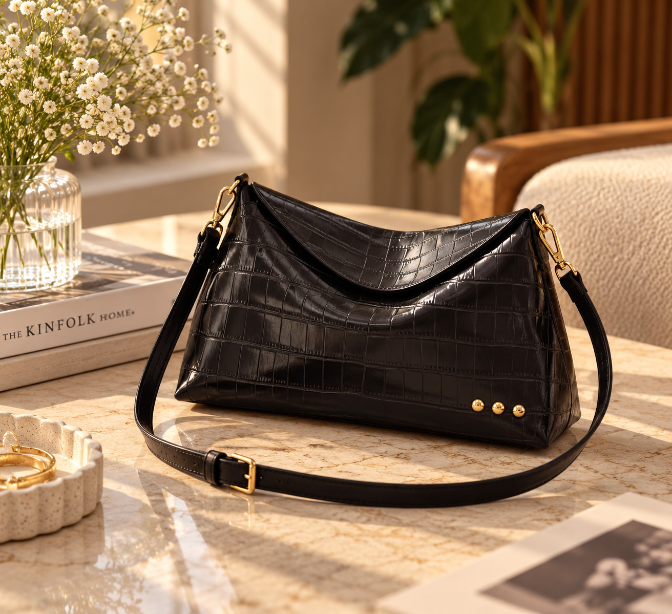 Moira Croc Embossed Crossbody Black Bag Stylish Adjustable Bag For women's - Image 7
