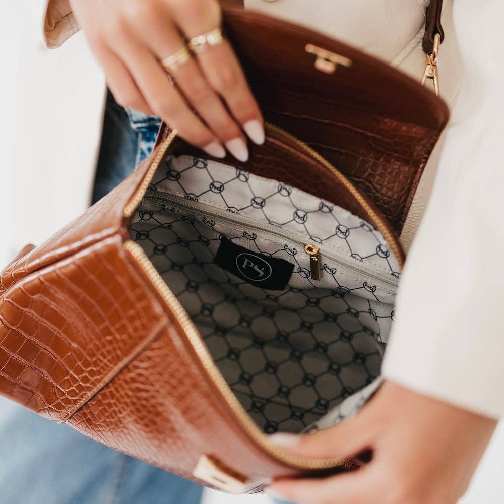 New Women's Elena Brown Crocodile Crossbody Embossed Handle Vegan Leather Bag - Image 2