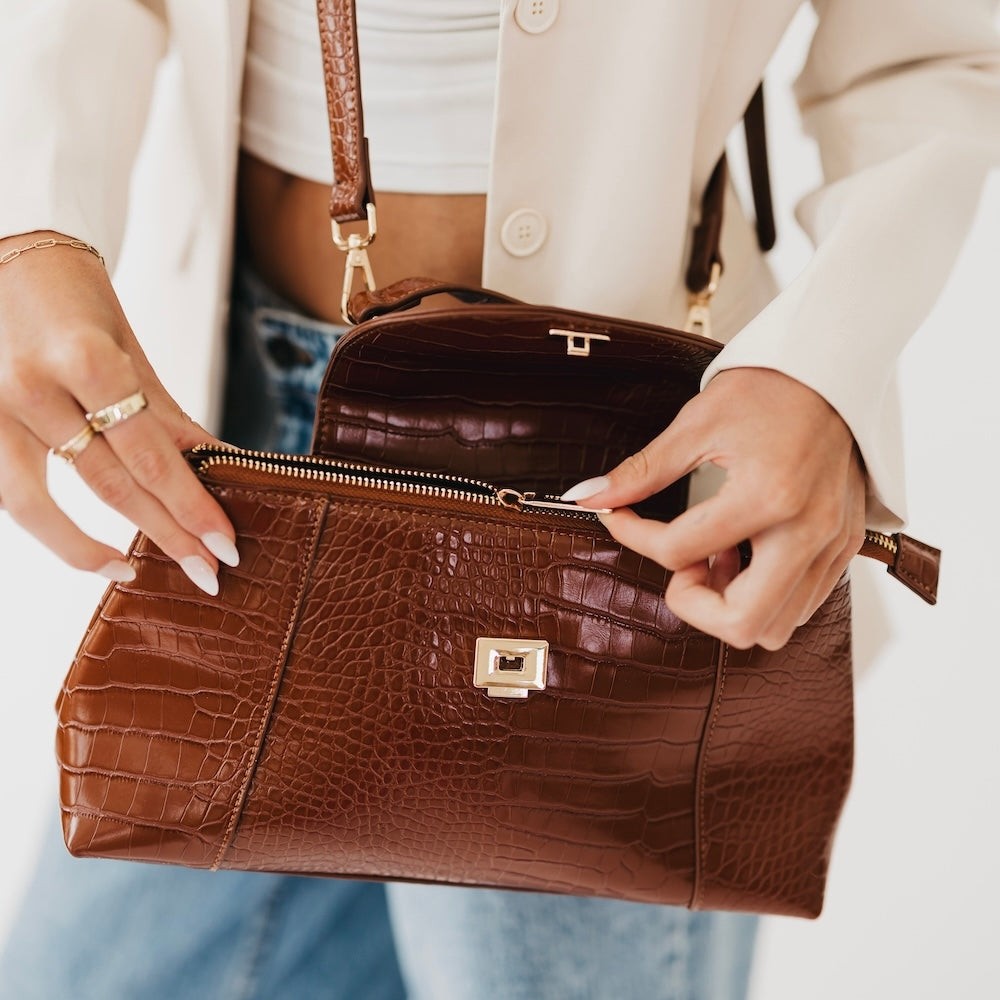New Women's Elena Brown Crocodile Crossbody Embossed Handle Vegan Leather Bag - Image 4
