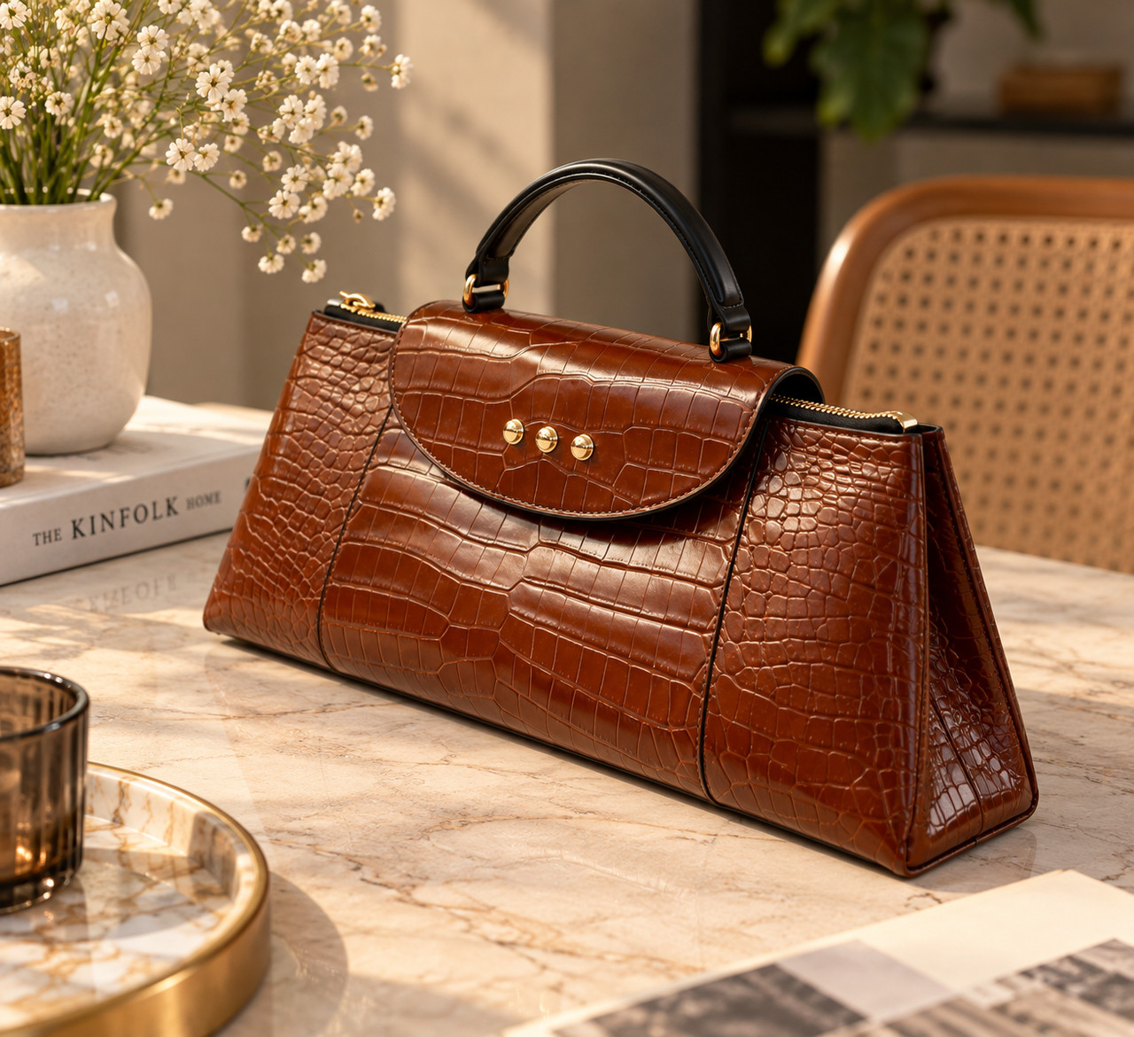 New Women's Elena Brown Crocodile Crossbody Embossed Handle Vegan Leather Bag - Image 5