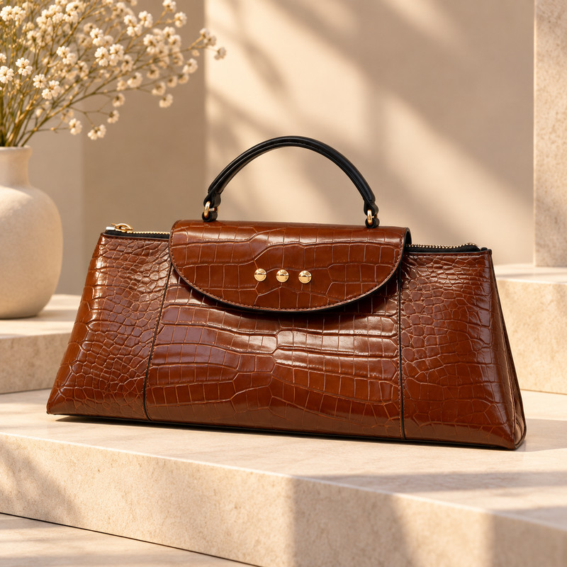 New Women's Elena Brown Crocodile Crossbody Embossed Handle Vegan Leather Bag - Image 6