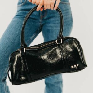 New Women's Arlys Barrel Solid Black Shoulder Bag Handle Zip Vegan Leather