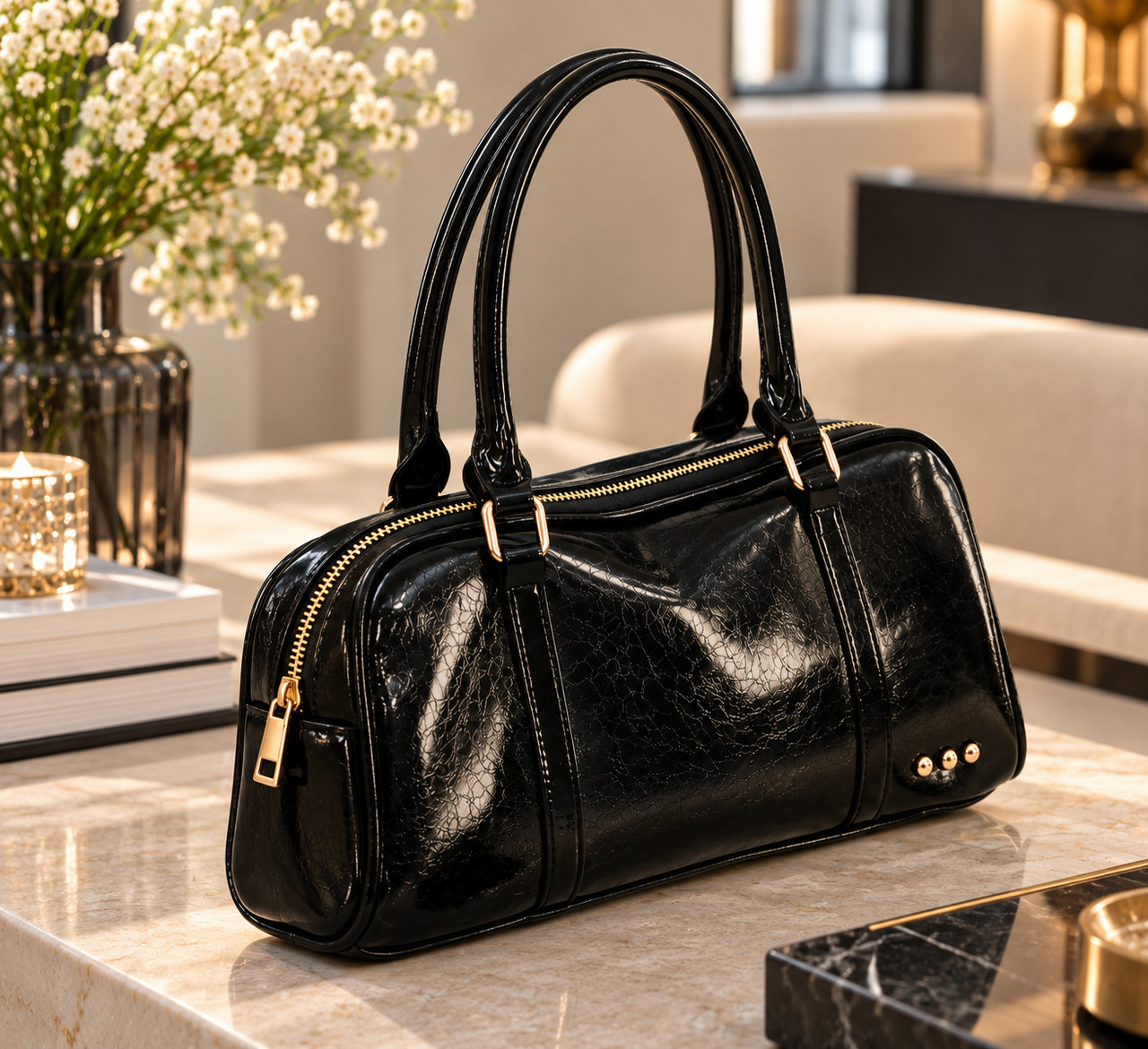 New Women's Arlys Barrel Solid Black Shoulder Bag Handle Zip Vegan Leather - Image 4