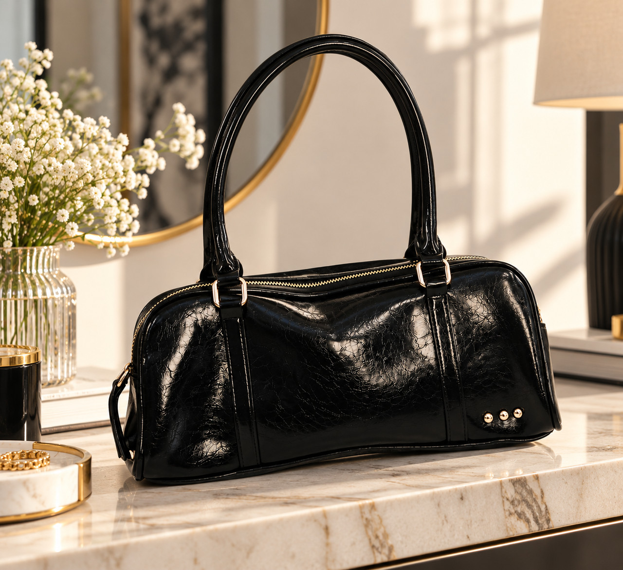 New Women's Arlys Barrel Solid Black Shoulder Bag Handle Zip Vegan Leather - Image 5