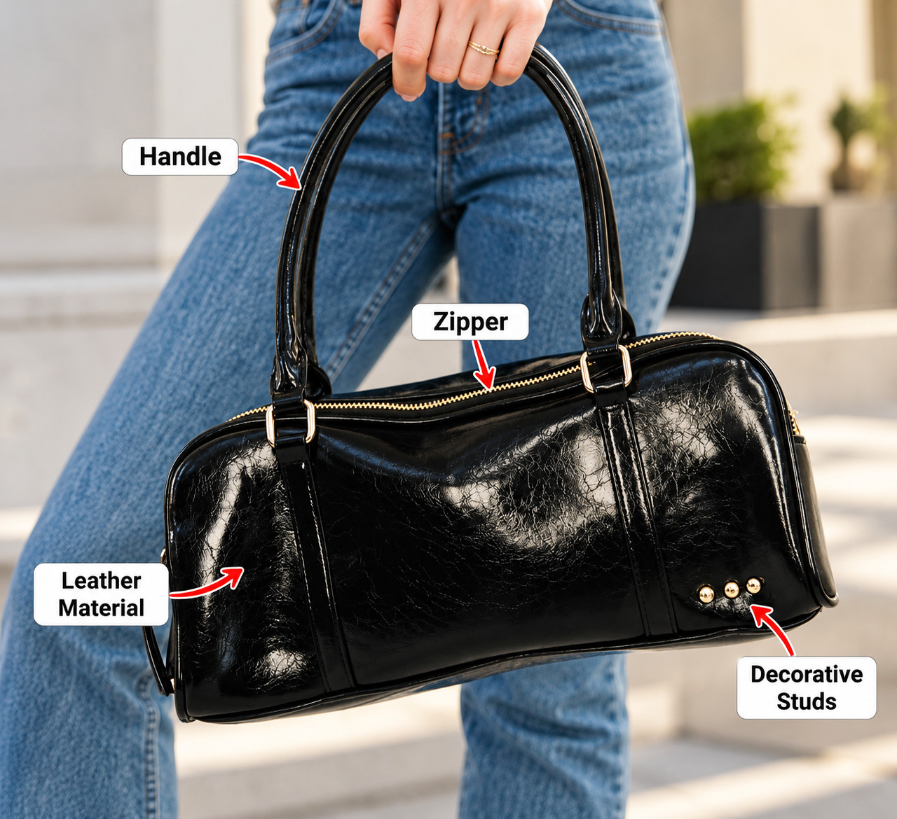 New Women's Arlys Barrel Solid Black Shoulder Bag Handle Zip Vegan Leather - Image 7