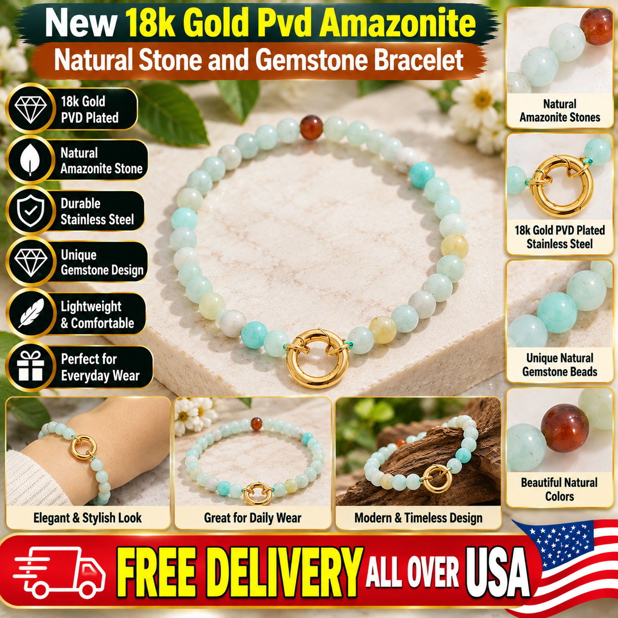 New 18k Gold Pvd Amazonite Natural Stone and Gemstone Bracelet