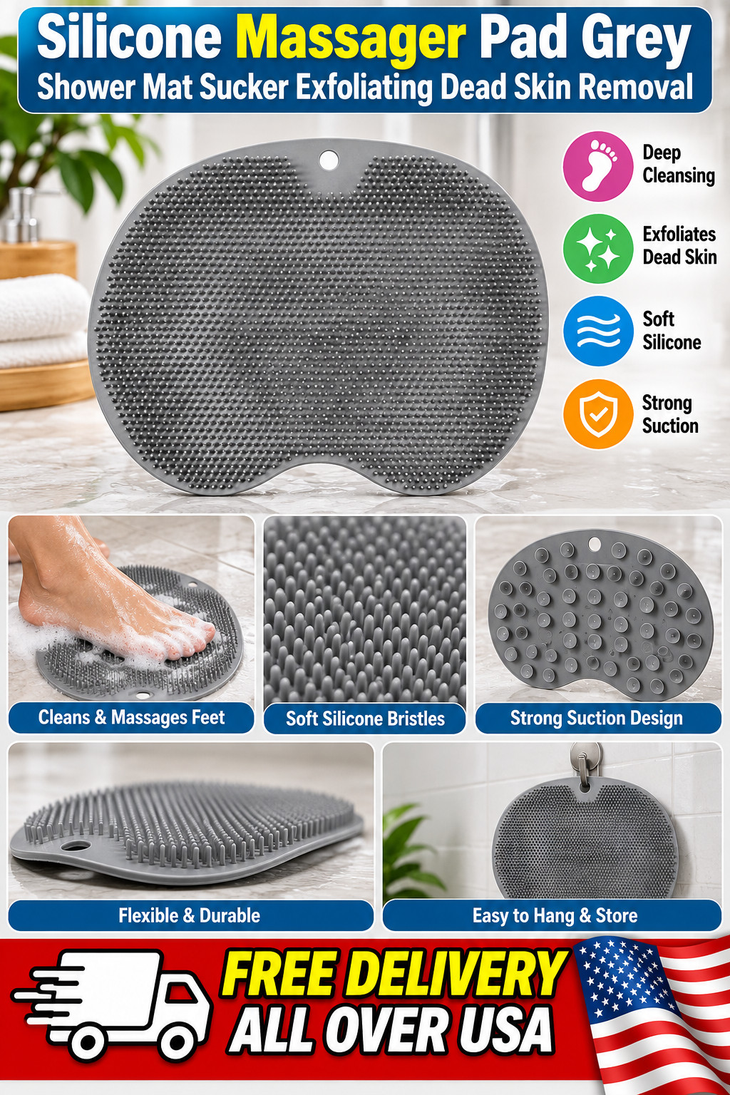 Silicone Massager Pad Grey Shower Mat Sucker Exfoliating Dead Skin Removal