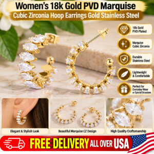 Women’s 18k Gold PVD Marquise Cubic Zirconia Hoop Earrings Gold Stainless Steel