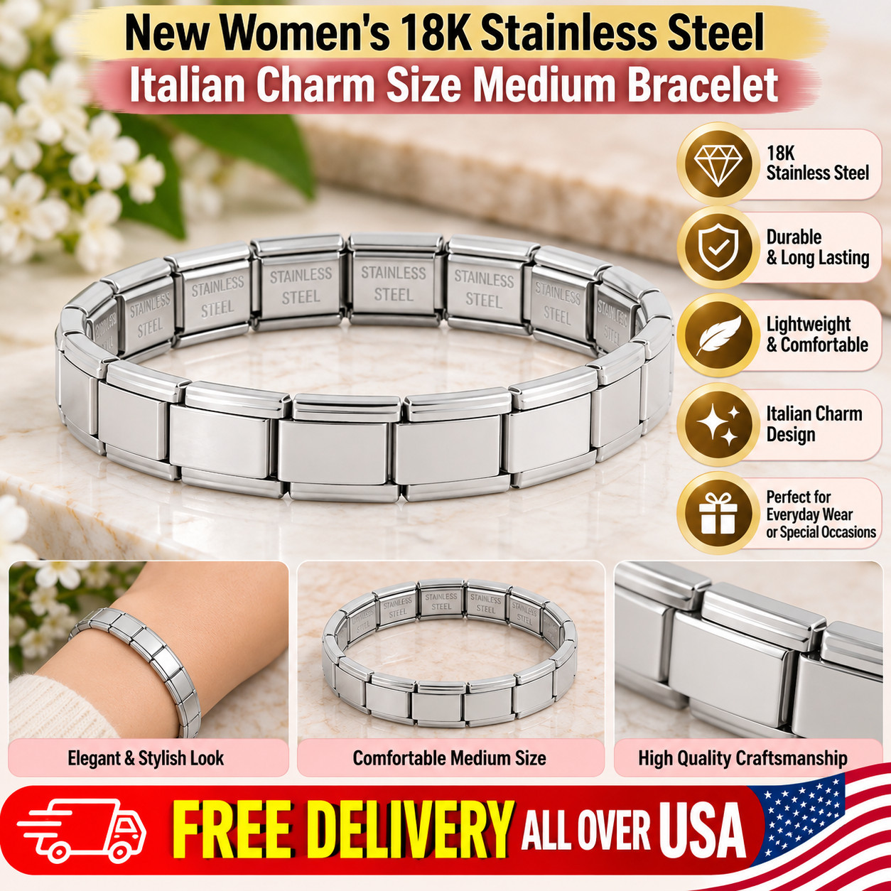 New Women's 18K Stainless Steel Italian Charm Size Medium Bracelet