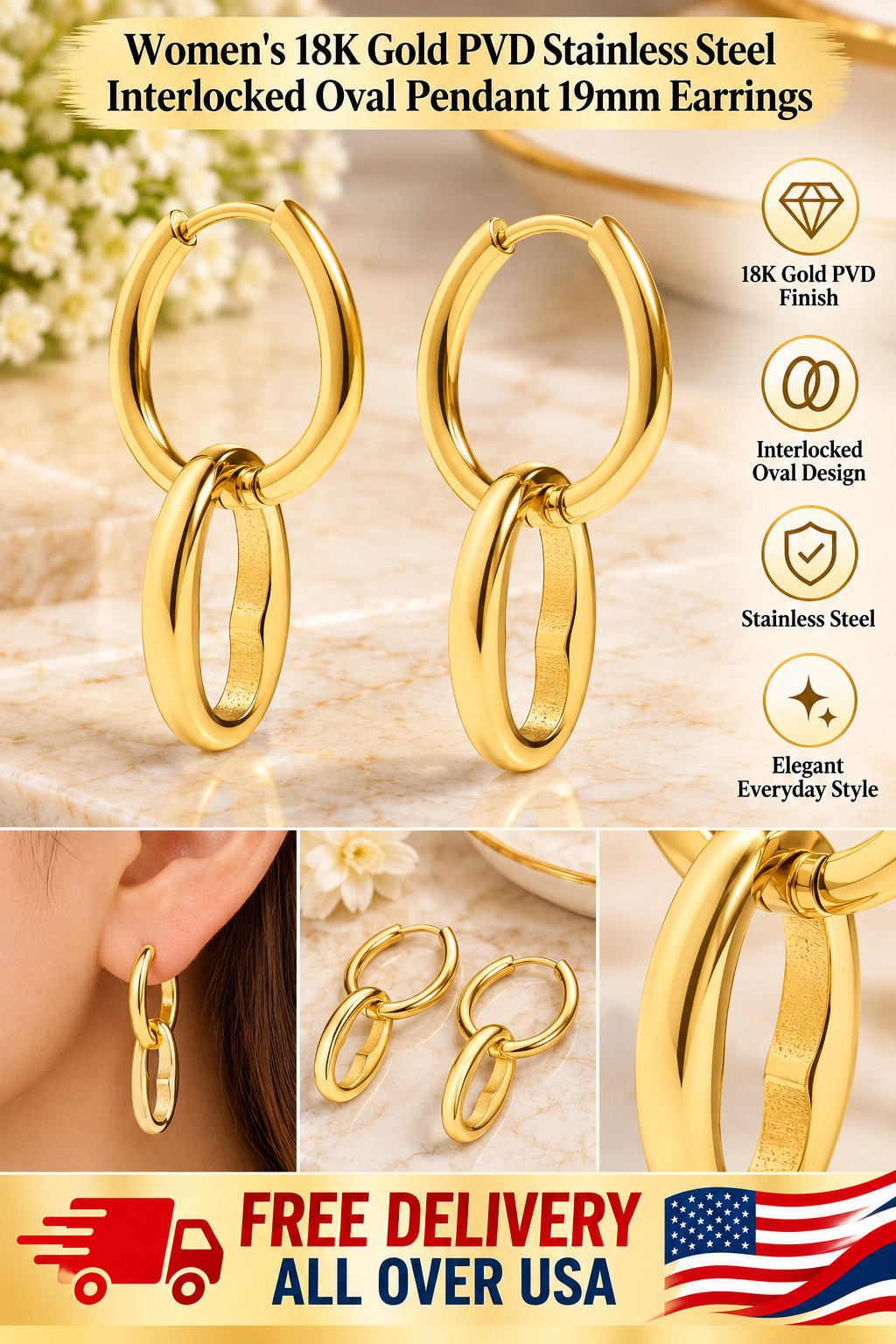 Women's 18K Gold PVD Stainless Steel Interlocked Oval Pendant 19mm Earrings
