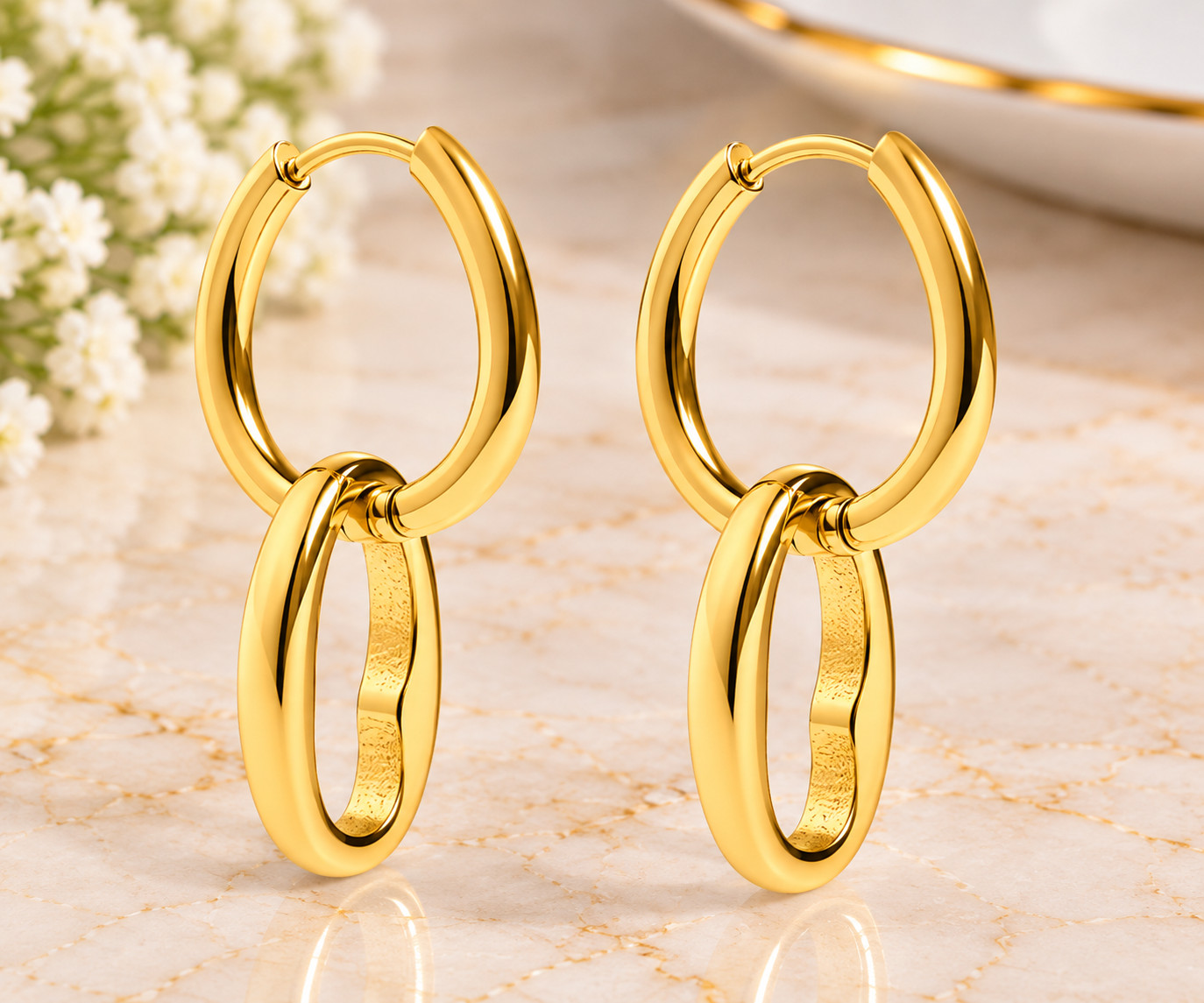 Women's 18K Gold PVD Stainless Steel Interlocked Oval Pendant 19mm Earrings - Image 7
