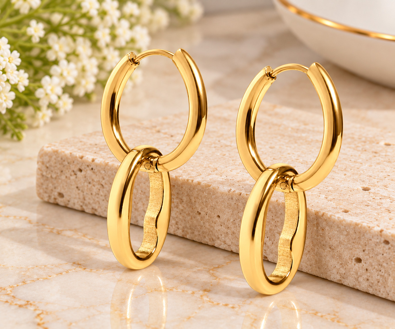 Women's 18K Gold PVD Stainless Steel Interlocked Oval Pendant 19mm Earrings - Image 8