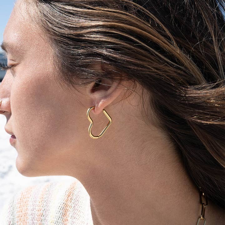 Women 18k Gold PVD Hoops Earrings Heart Shaped Stud Minimalist Stainless Steel - Image 2