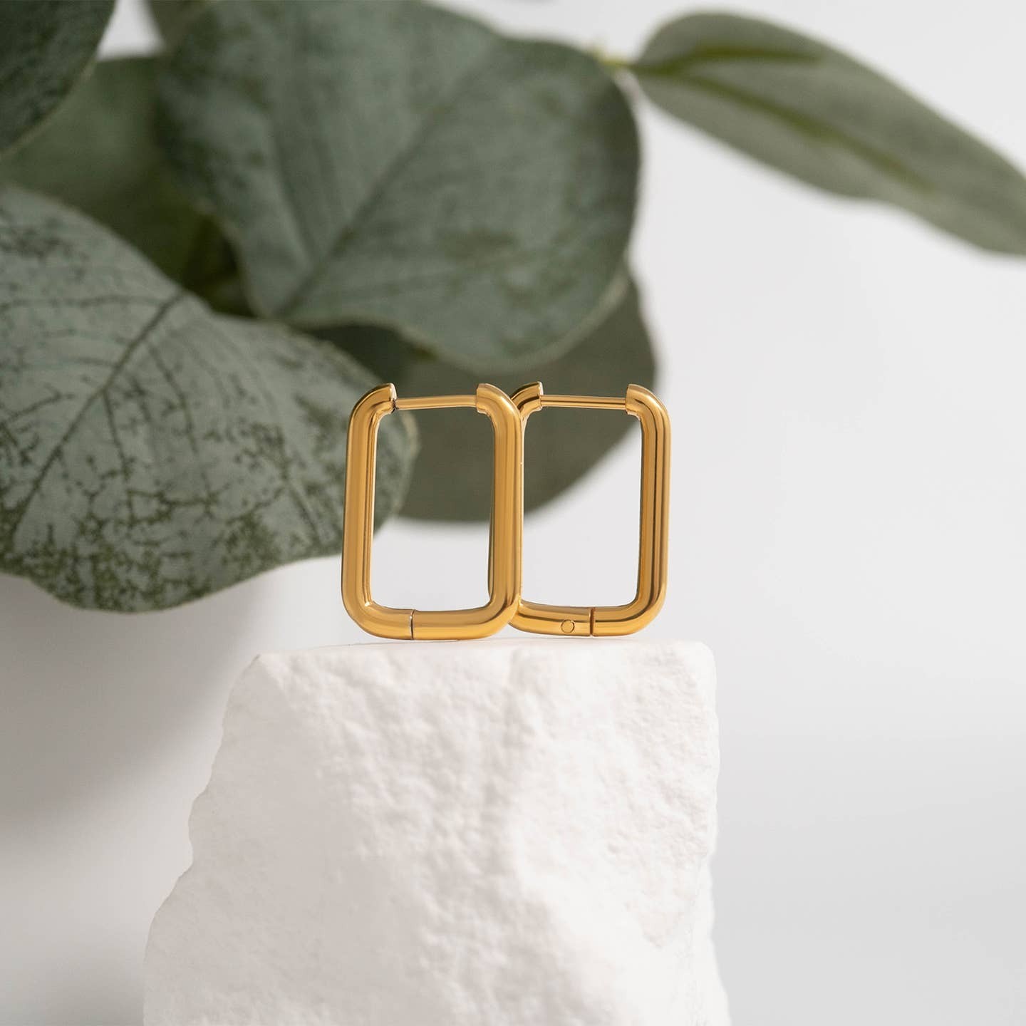 Women's 18k Gold PVD Stainless Steel Rectangle Everyday Look Huggie Earrings - Image 3