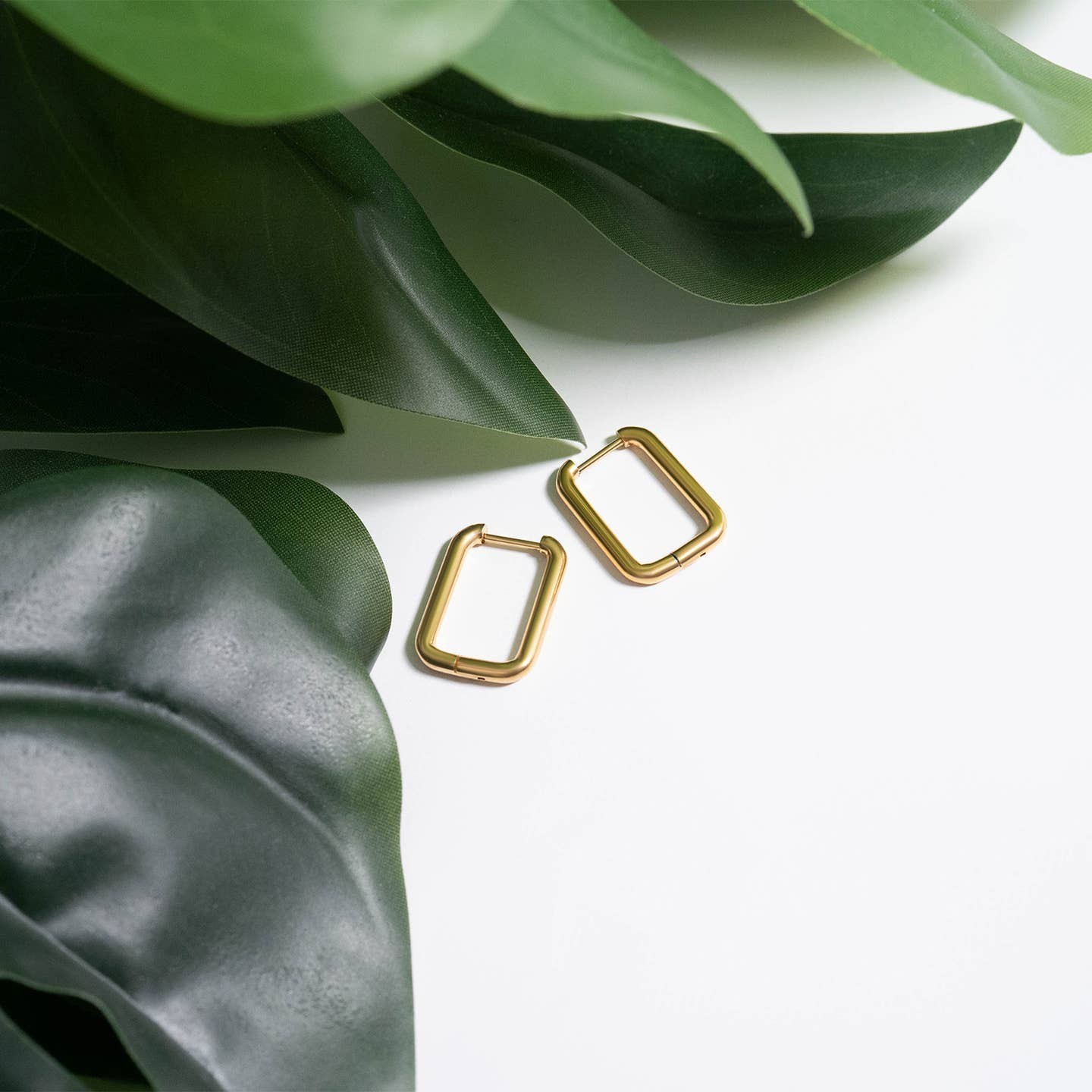 Women's 18k Gold PVD Stainless Steel Rectangle Everyday Look Huggie Earrings - Image 5