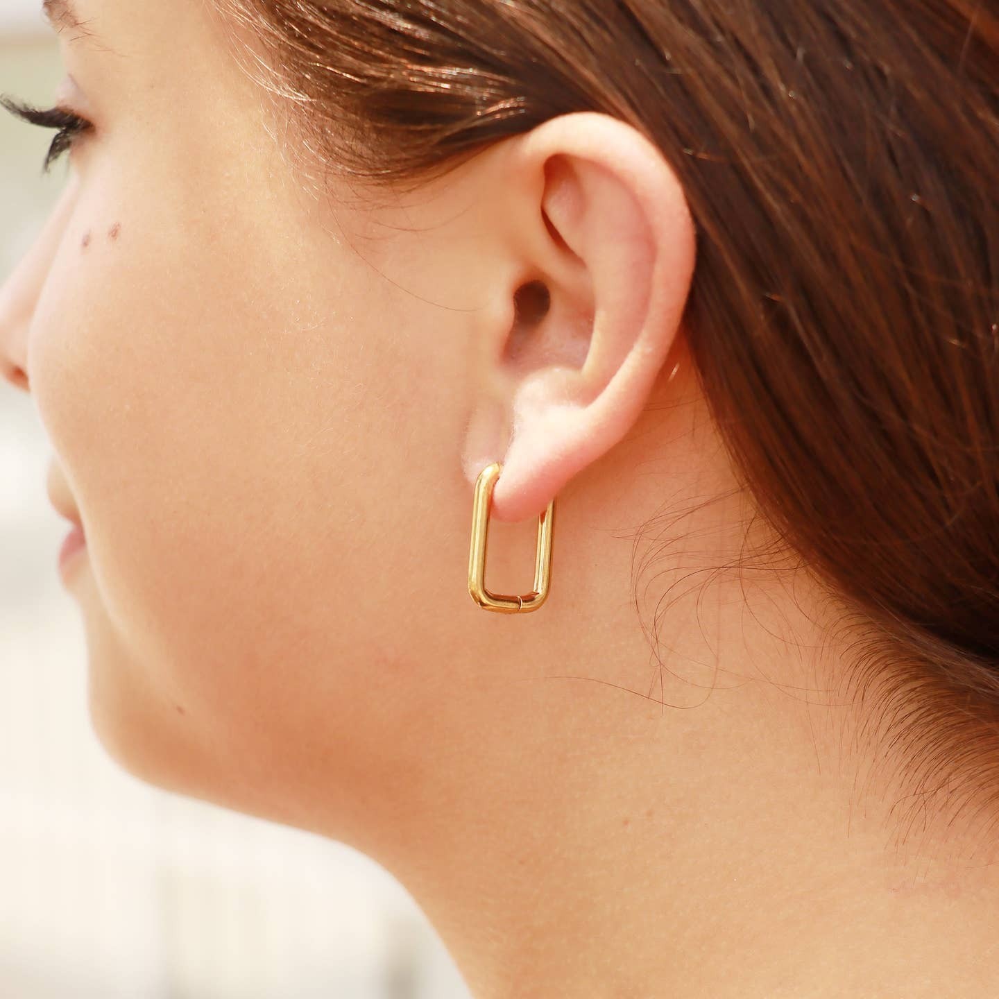 Women's 18k Gold PVD Stainless Steel Rectangle Everyday Look Huggie Earrings - Image 6