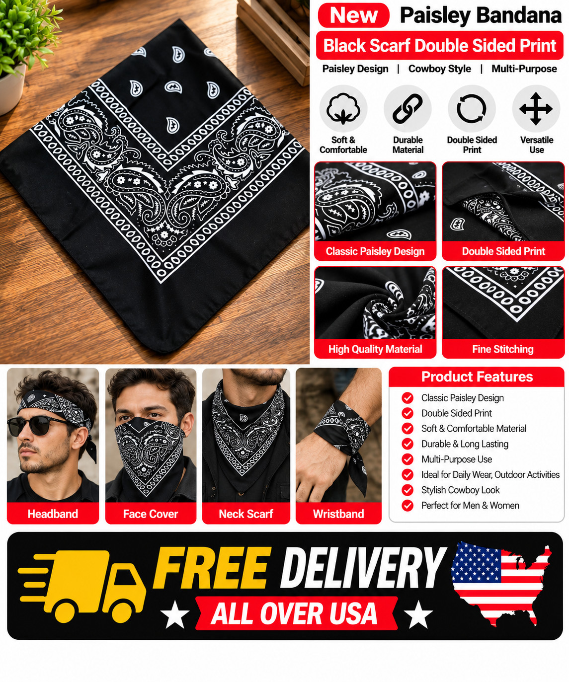 New Paisley Bandana Black Scarf Double Sided Print Paisley Cowboy